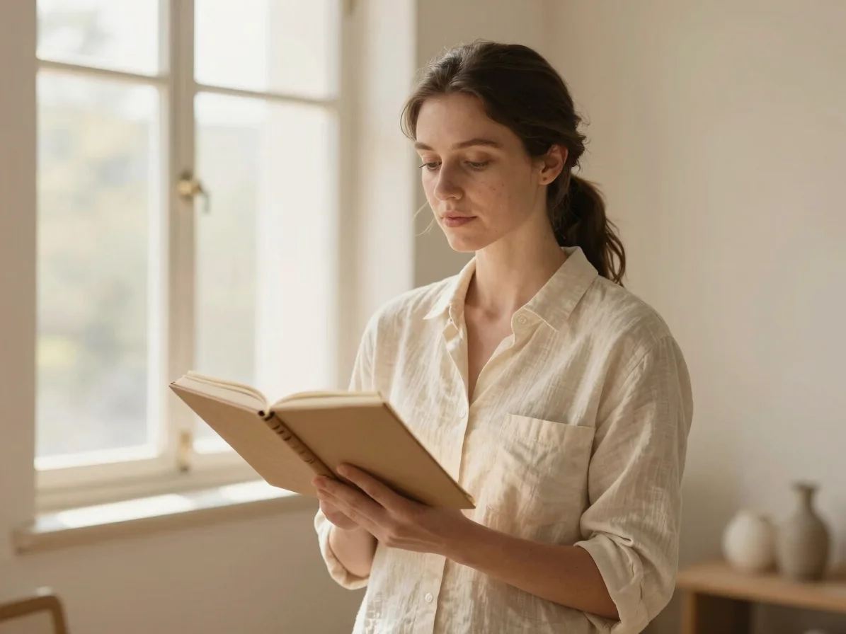Warm editorial portrait of a wellness educator holding a notebook