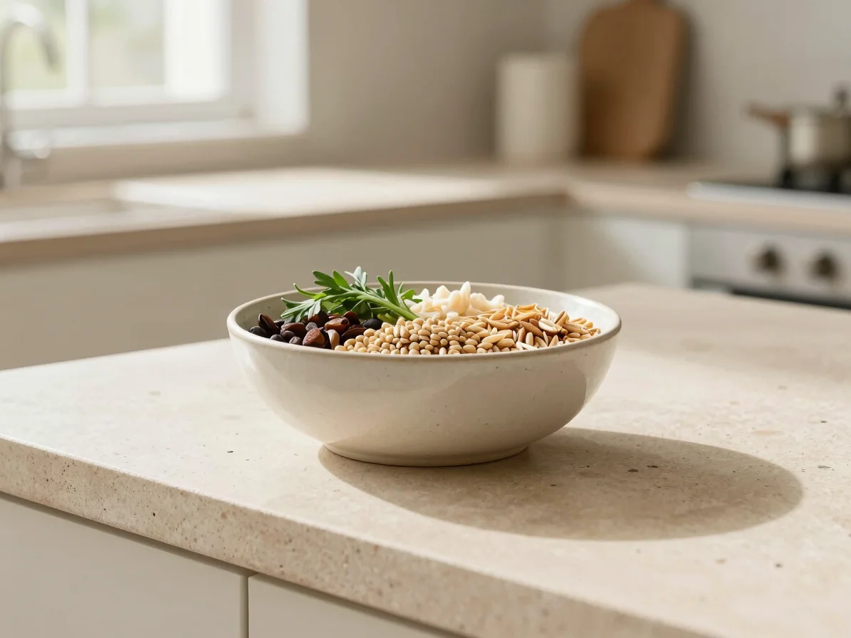 Clean ceramic bowl with nourishing whole foods, organic grains an