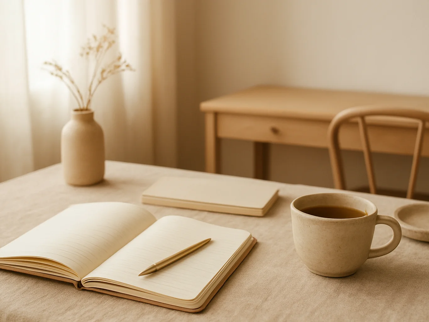 Serene minimalist workspace with a journal and a ceramic cup of h