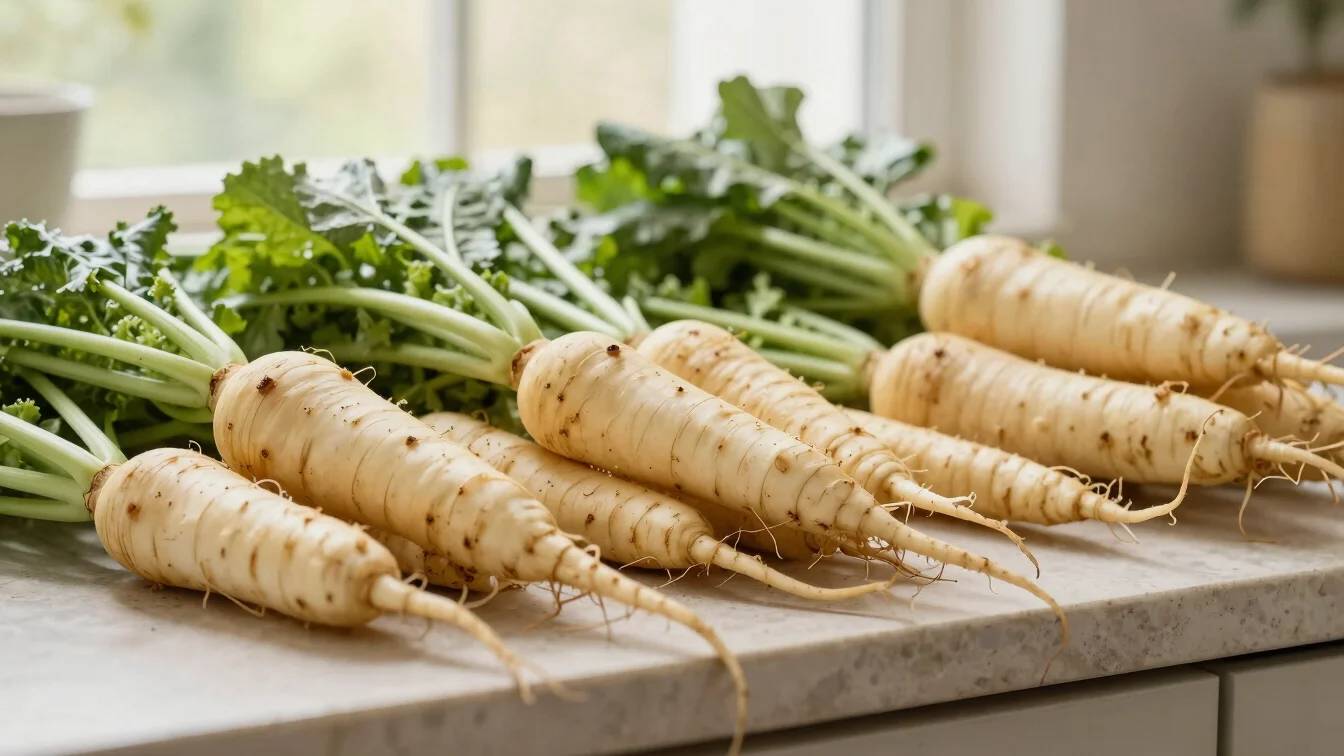 Warm editorial photograph of fresh root vegetables and greens arranged on a clean stone countertop, diffused natural day